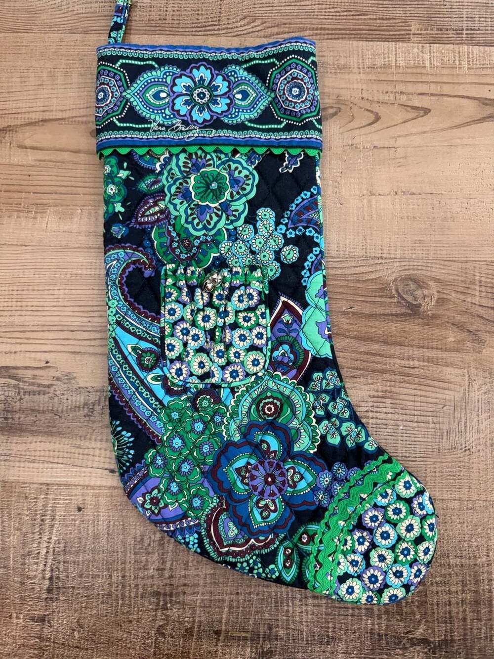 Vera Bradley Blue Rhapsody Christmas Stocking Pocket Jingle Bells